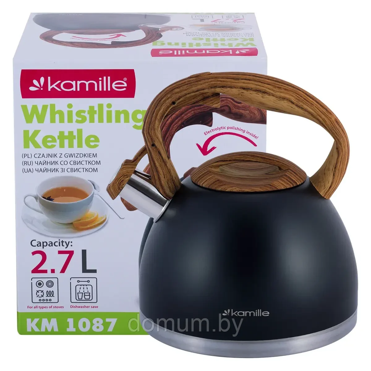 Чайник Kamille 2,7л из нержавеющей стали со свистком и нейлоновой ручкой KM-1087 - фото 1 - id-p188913752
