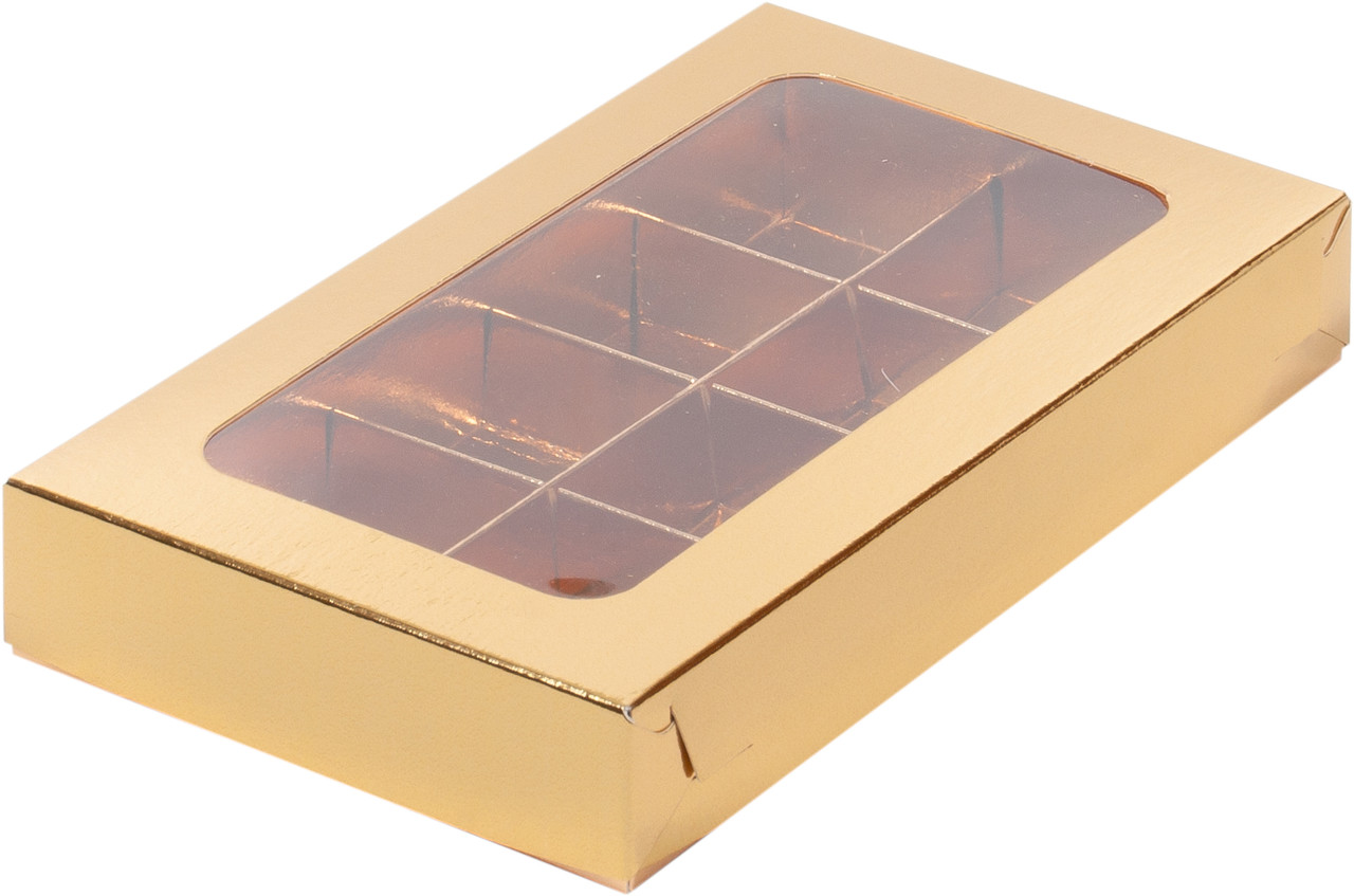 Коробка для 8 конфет с вклеенным окном Золотая, 190х110х h30 мм - фото 1 - id-p117755940