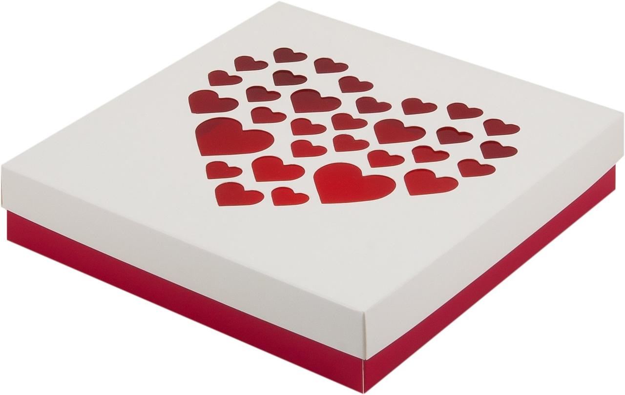 Коробка для клубники в шоколаде бело-красная с сердечками, 200х200х h40 мм - фото 1 - id-p189156618