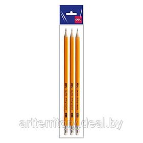Набор карандашей чернографитных с ластиком DELI 7079, НВ (3 штуки)