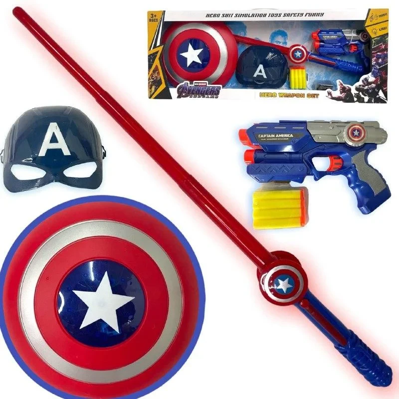 Мстители набор Капитан Америка (пистолет,маска,щит,меч) свет звук 75*29см - фото 1 - id-p189291588