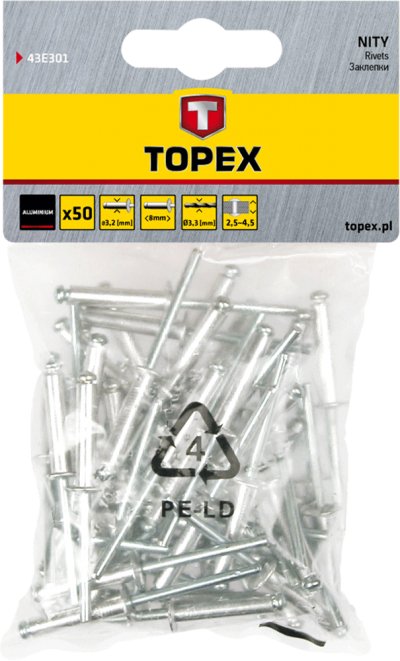 Заклепки алюминиевые 3,2мм*8мм 50шт Topex 43E301