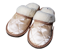 Обувь домашняя пантолеты (тапки) из натуральной овечьей шерсти с верхом из стеганной плащевой ткани 33, Золотистый