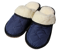 Обувь домашняя пантолеты (тапки) из натуральной овечьей шерсти с верхом из стеганной плащевой ткани 33, Синий