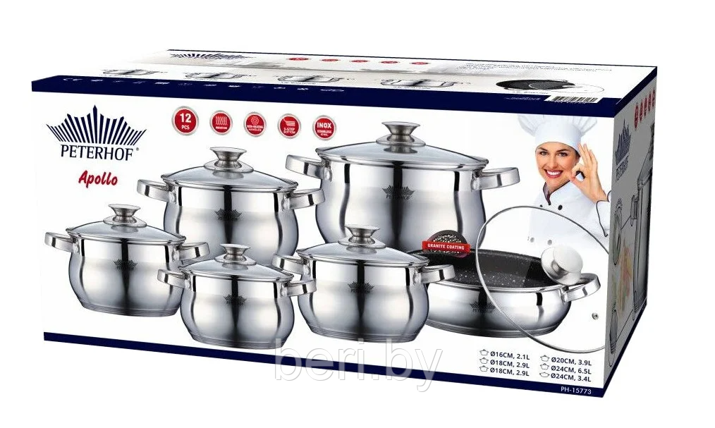 PH-15773 Набор кухонной посуды Peterhof, набор кастрюль с сотейником, 12 предметов - фото 7 - id-p189420454