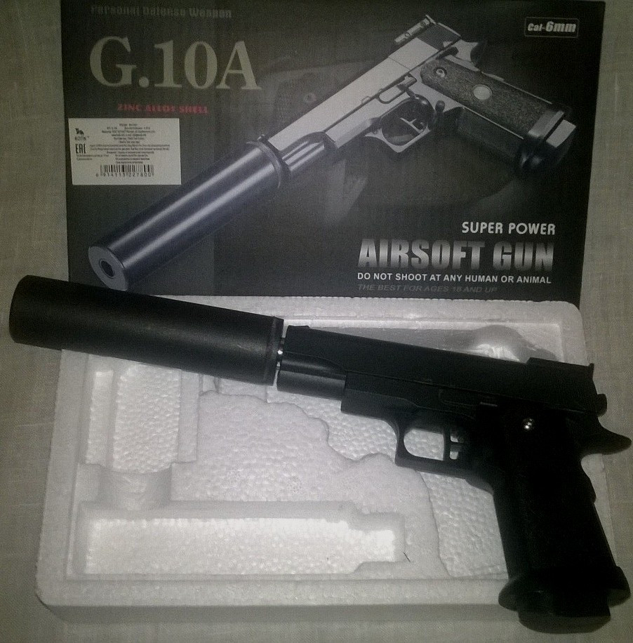 Пистолет игрушечный металлический пневматический c глушителем Airsoft Gun G.10A Минск - фото 3 - id-p23964655