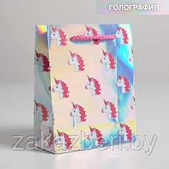 Пакет подарочный голографический «Единорожки», 12 × 15 × 5,5 см