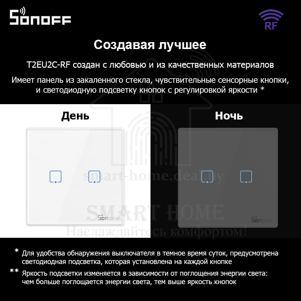 Sonoff T2EU2C-RF (Сенсорный двухклавишный беспроводной (RF) смарт-переключатель) - фото 6 - id-p189620216