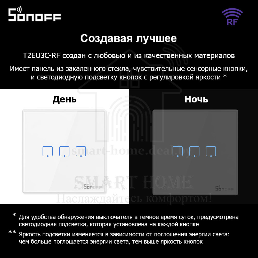 Sonoff T2EU3C-RF (Сенсорный трехклавишный беспроводной (RF) смарт-переключатель) - фото 6 - id-p189620217