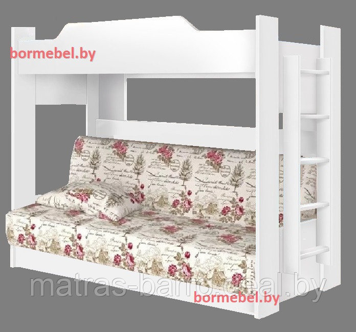 Кровать белая двухъярусная с диван-кроватью (чехол в ткани "Прованс") - фото 1 - id-p189692617