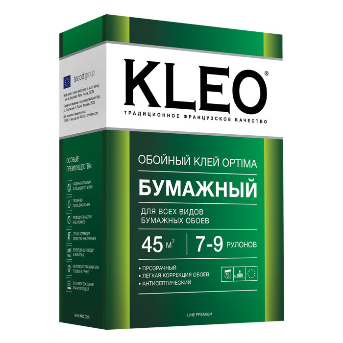 Клей обойный KLEO OPTIMA для бумажных обоев 7-9 рулонов (45м2) 160 гр.