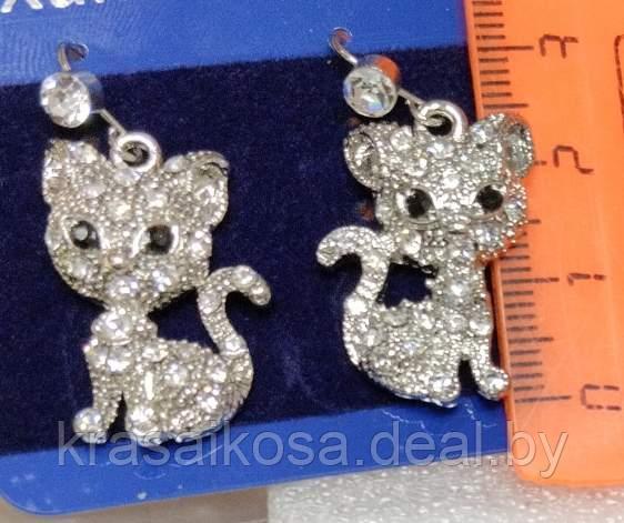 Серьги Кошка сN 7 со стразами Кошечки женские стильные бижутерия серебристый - фото 1 - id-p189743508