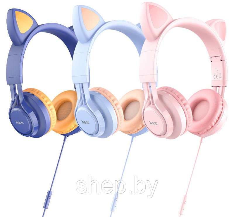 Наушники Hoco W36 полноразмерные проводные ("кошачьи ушки") цвет: голубой,розовый,синий