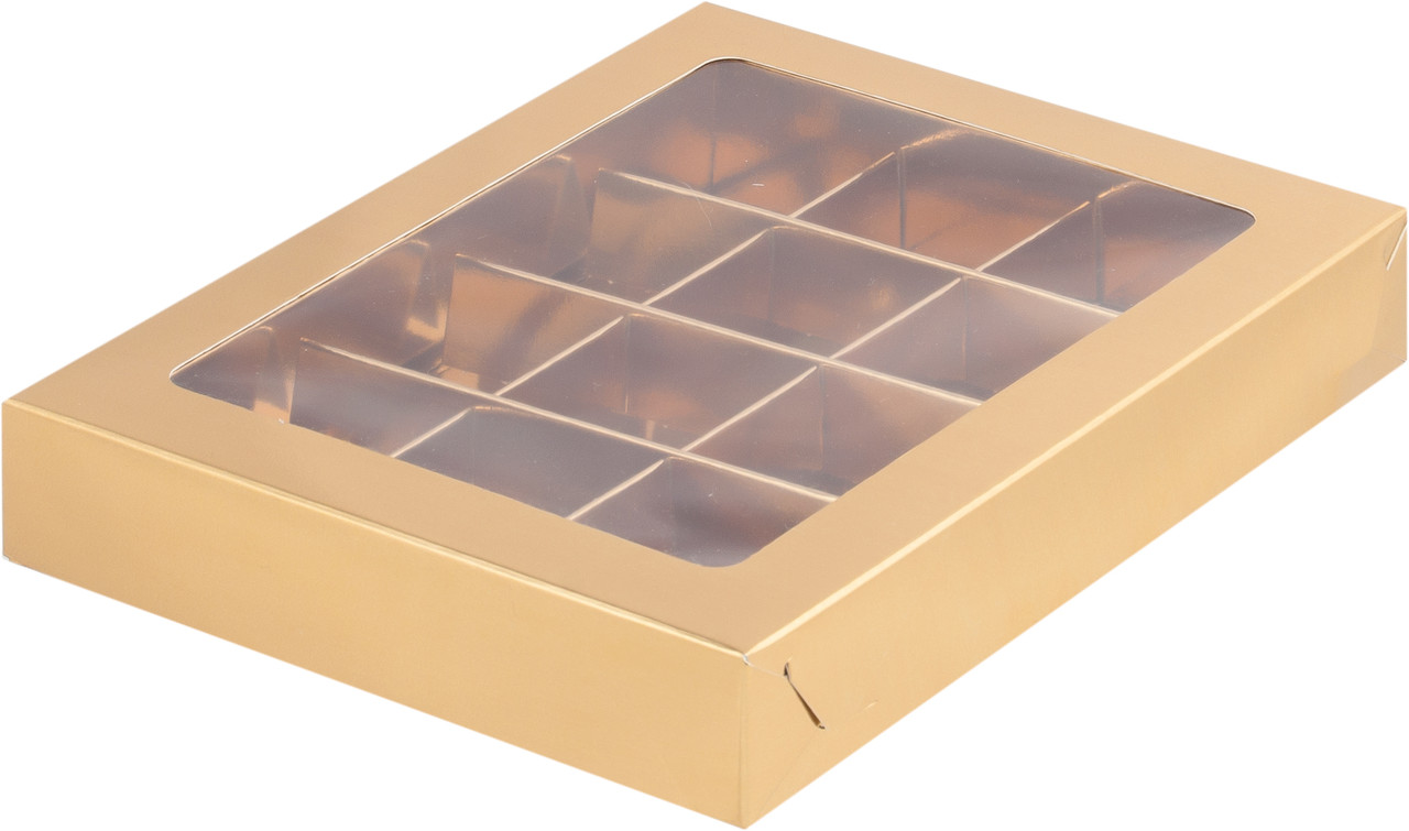 Коробка для 12 конфет с вклееным окном Золотая, 190х150х h30 мм - фото 1 - id-p136410048
