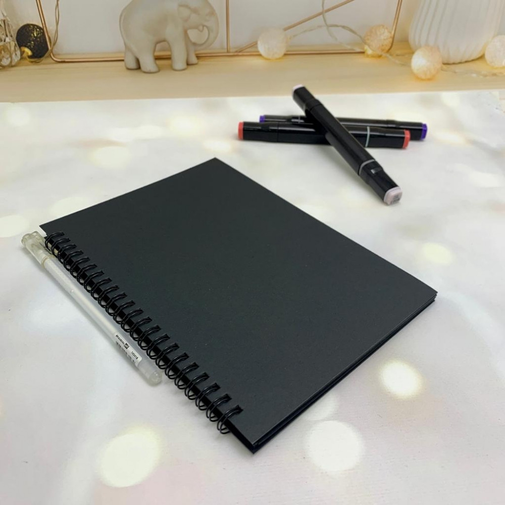 Скетчбук блокнот Sketchbook для рисования белая ручка (А5, плотные листы, чёрная бумага, спираль, 40 листов) - фото 6 - id-p189874165