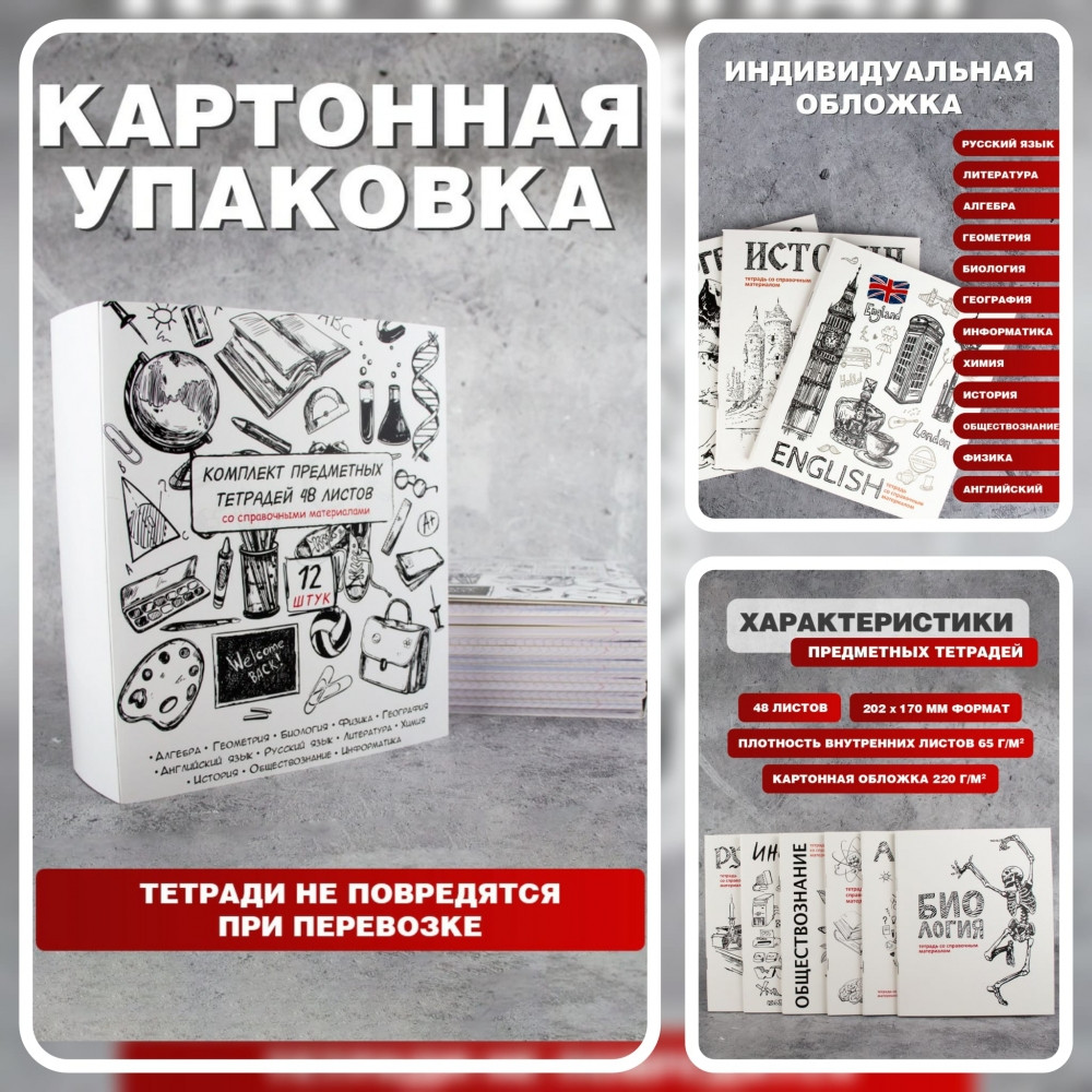 Комплект предметных тетрадей 12 шт. со справочными материалами, 48 л. (алгебра, геометрия, биология, физика, - фото 9 - id-p189874615