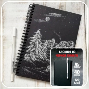 Скетчбук блокнот Sketchbook для рисования белая ручка (А5, плотные листы, чёрная бумага, спираль, 40 листов) - фото 1 - id-p189875223