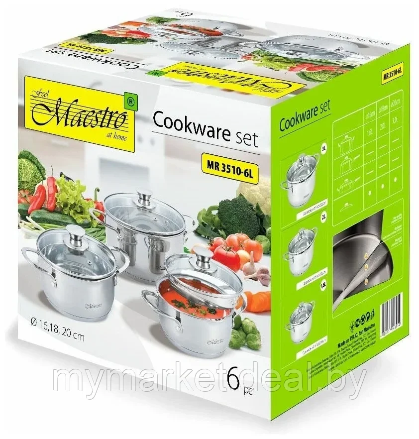 Набор посуды из нержавеющей стали Maestro MR-3510-6L (1.6л/2л/3л) - фото 2 - id-p189886288