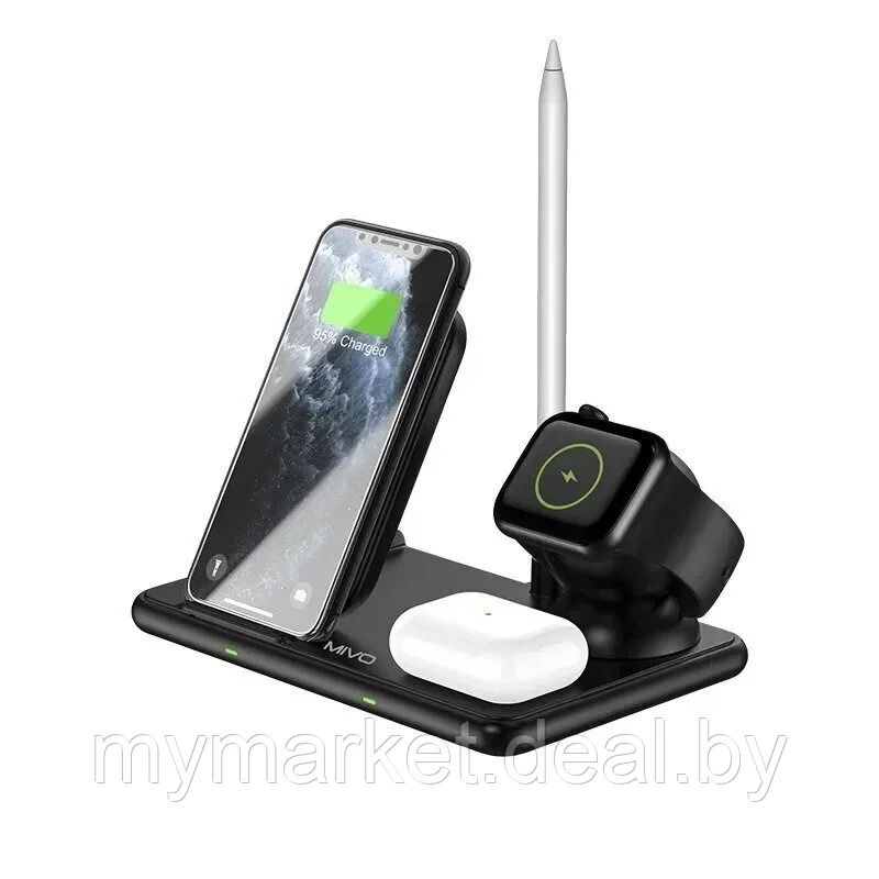 Беспроводная зарядка 4 в 1 Mivo MW-04 для Iphone/Apple Watch/AirPods/Pencil, 15W/15Вт - фото 1 - id-p189884938