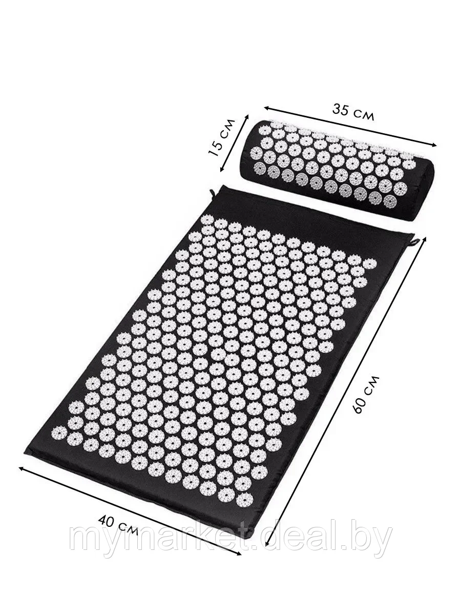 Массажный акупунктурный коврик-аппликатор Кузнецова с подголовником (Черный)
