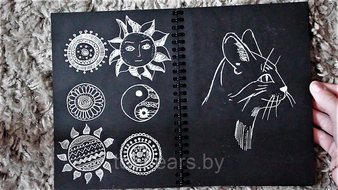 Скетчбук блокнот Sketchbook для рисования белая ручка (А5, плотные листы, чёрная бумага, спираль, 40 листов) - фото 2 - id-p189967453