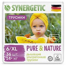 Дышащие ультратонкие детские подгузники-трусики SYNERGETIC Pure&Nature размер 6 XL, вес 14+кг (36 шт)