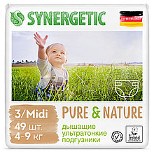 Дышащие ультратонкие детские подгузники SYNERGETIC Pure&Nature размер 3 Midi, вес 4-9кг (49 шт)
