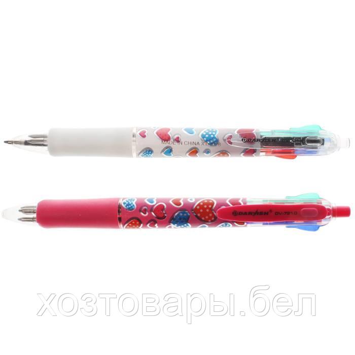Ручка автоматическая 4-х цветная корпус с резиновым держателем ассорти с рисунком сердечки "Darvish" - фото 1 - id-p190001490