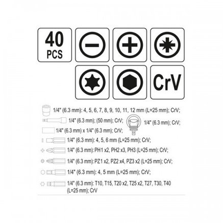 Набор инструмента, трещотка + биты и головки (40пр.) "Yato" YT-27960, фото 2