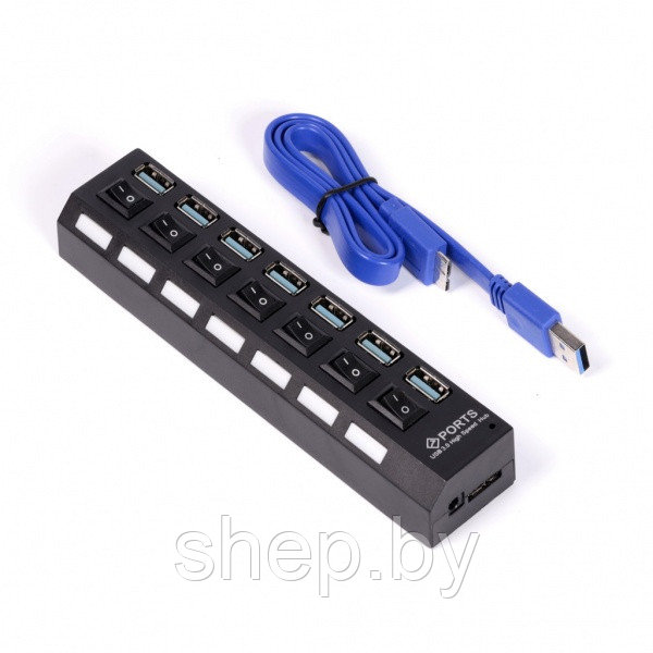 USB 3.0 хaб с выключателем 7307-B, 7 портов черный, Smartbuy SBHA-7307-B