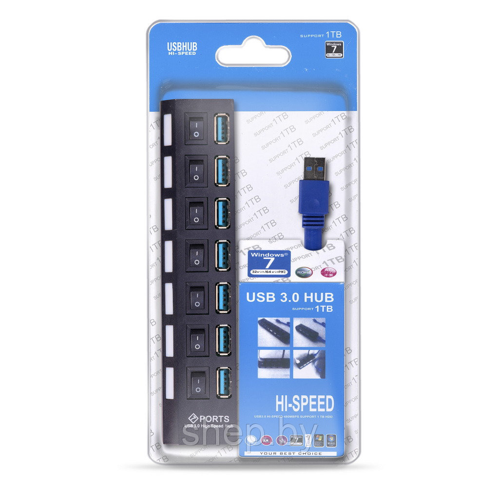 USB 3.0 хaб с выключателем 7307-B, 7 портов черный, Smartbuy SBHA-7307-B - фото 3 - id-p190023233