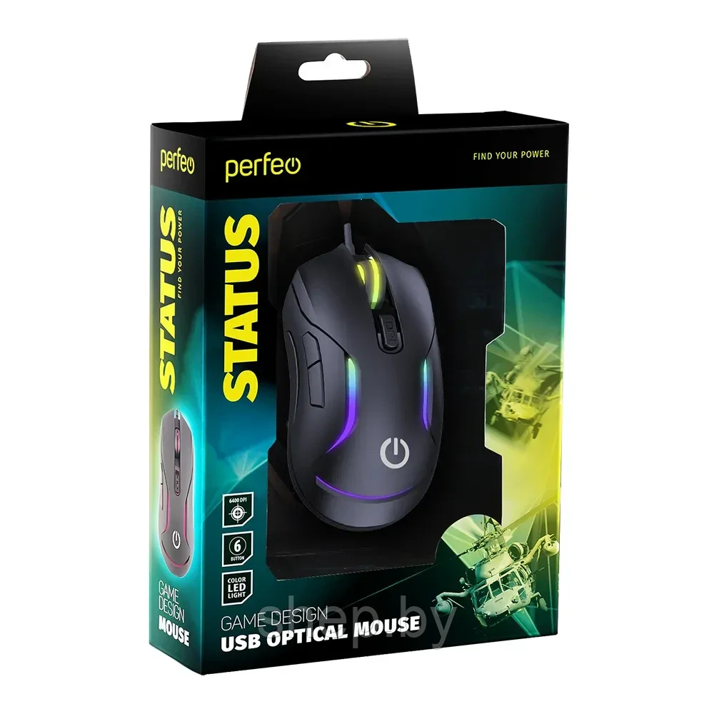 Perfeo STATUS Game design, USB, черная (DPI 1000-6400, 6 кнопок, подсветка 4 цветов) PF_B4884 - фото 9 - id-p190024630