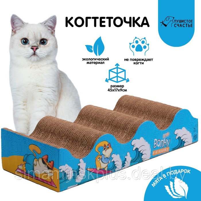 Когтеточка из картона с кошачьей мятой «Лови волну», волна с дном, 45 × 18 см - фото 1 - id-p190046435