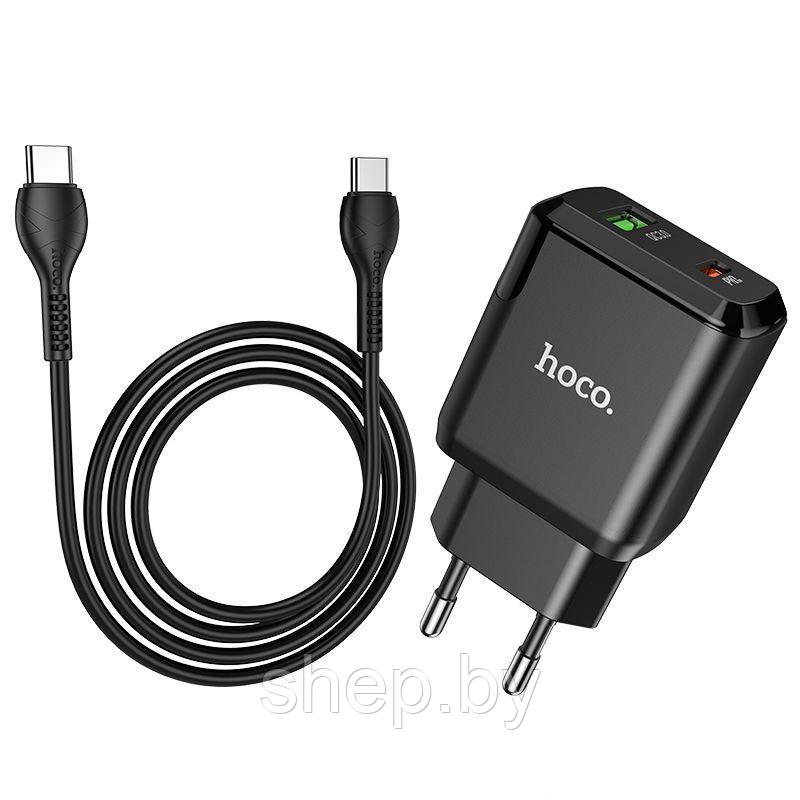 Сетевое зарядное устройство Hoco N5 (1USB QC3.0 +1USB-C + кабель Type-C to Type-C) цвет: черный - фото 2 - id-p190084504