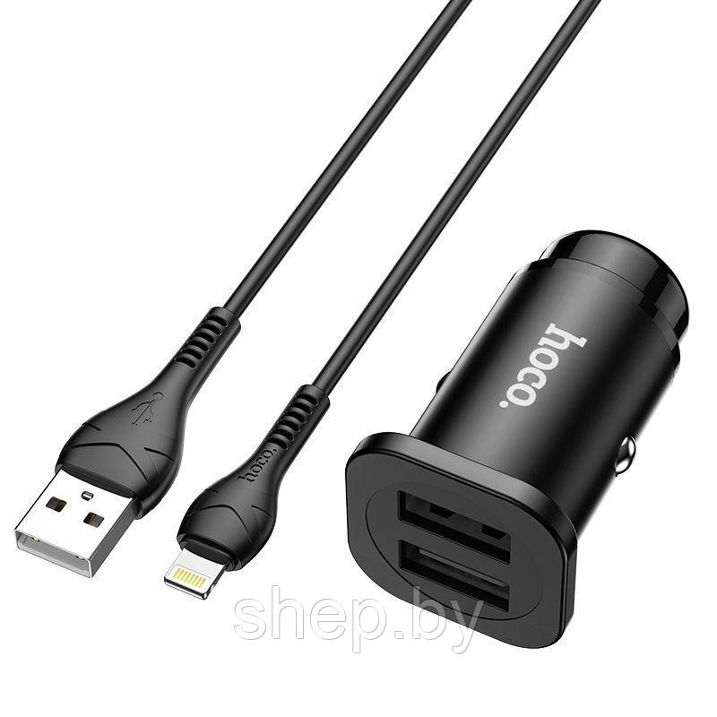 Автомобильное ЗУ Hoco NZ4 (2 USB:5V/2.4A,общий выход 5V/4.8A+кабель Lightning) цвет: черный - фото 2 - id-p190085732