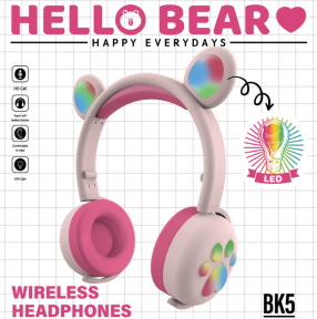 Беспроводные Bluetooth наушники Hello Bear BK-5 с подсветкой Розовый с красным - фото 1 - id-p164989266