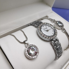 Подарочный комплект Dior (Часы, кулон, браслет) Серебро, фото 1
