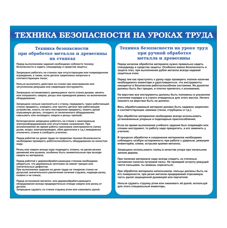 Стенд для кабинета труда "Техника безопасности на уроках труда"