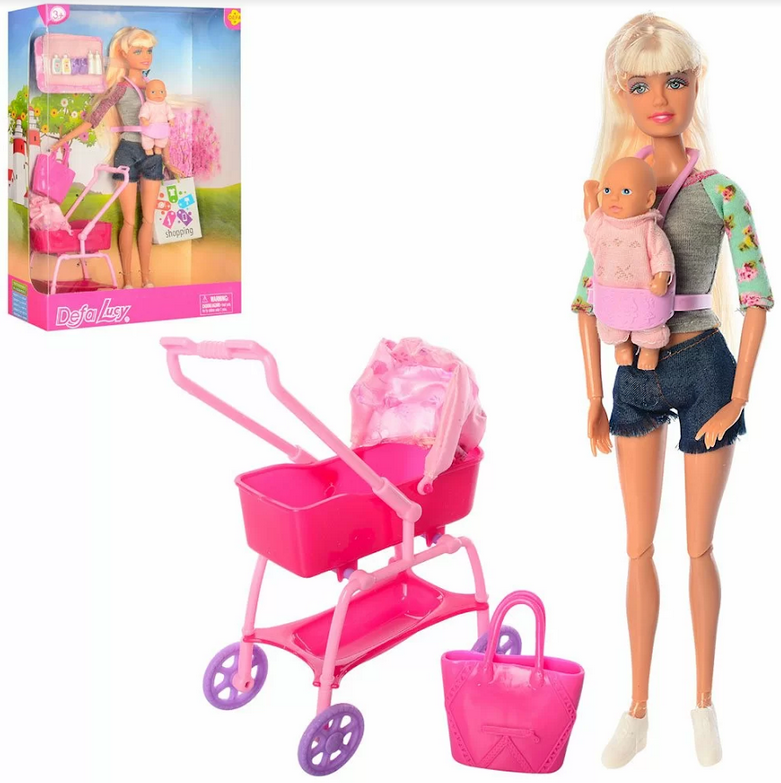 Детская Кукла барби Defa с ребенком пупсом коляской и аксессуарами 8380 - фото 1 - id-p72265745