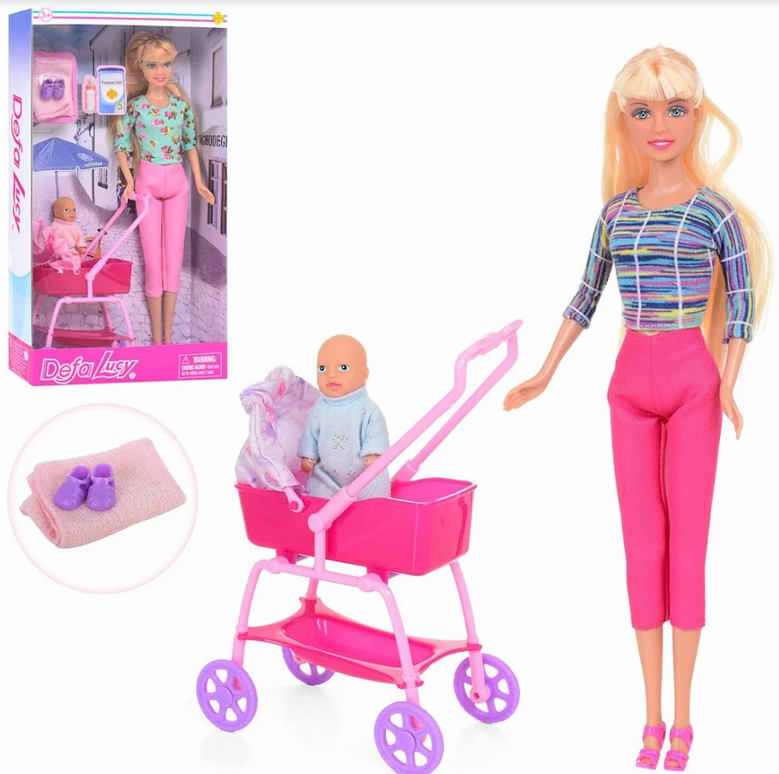 Детский набор Кукла типа барби с пупсом Defa Lucy с коляской и аксессуарами арт.8358