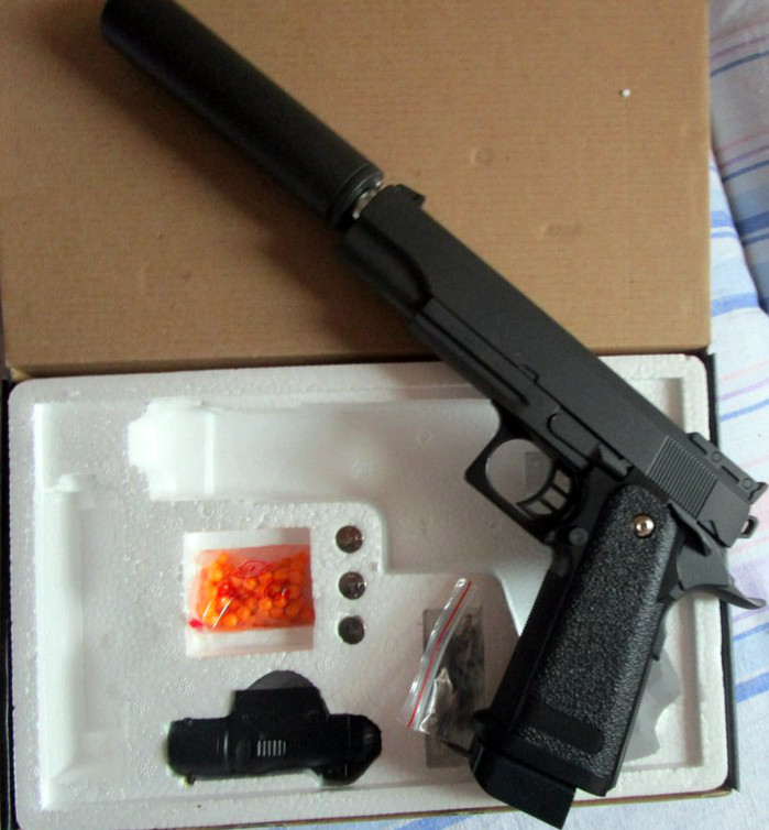Металлический пистолет с глушителем 35 см детская пневматика G.6A - фото 3 - id-p24157419
