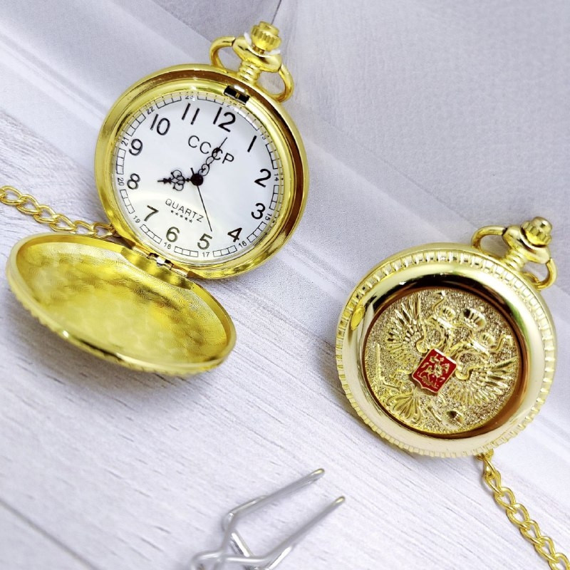 Карманные часы на цепочке Герб Золото / Чёрный циферблат - фото 2 - id-p187107833