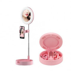Мультифункциональное зеркало для макияжа с держателем для телефона G3 и круговой LED-подсветкой  Розовое