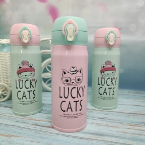 Термокружка LUCKY Cats, 350 мл Розовый с мятной крышечкой - фото 1 - id-p116897020