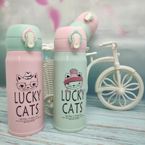 Термокружка LUCKY Cats, 350 мл Мятный с розовой крышечкой