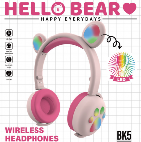 Беспроводные Bluetooth наушники Hello Bear BK-5 с подсветкой Розовый с красным - фото 1 - id-p164988882