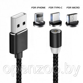 Магнитный кабель USB - Lightning X-Cable Metal Magnetic 360 для Aplle, Micro-USB, Type-C Чёрный - фото 1 - id-p129573265