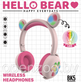 Беспроводные Bluetooth наушники Hello Bear BK-5 с подсветкой Розовый с красным - фото 1 - id-p164987273