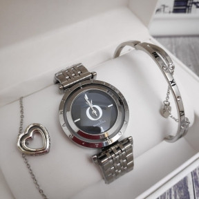 Подарочный набор Pandora (часы, подвеска-Сердце, браслет) Серебро с черным циферблатом - фото 1 - id-p134663486