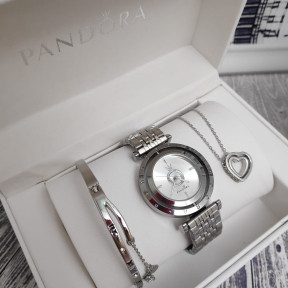 Подарочный набор Pandora (часы, подвеска-Сердце, браслет) Серебро с белым циферблатом - фото 1 - id-p134663487